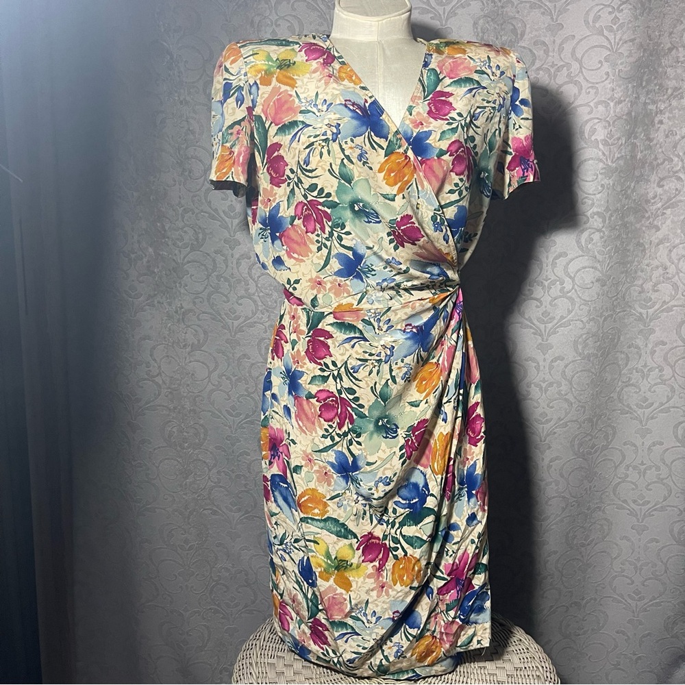 Y2K Vintage Maggy London wrap-style  100% Silk Multicolor Floral Midi Dress